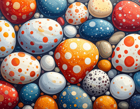 A close-up view of many smooth, rounded stones with colorful polka dot patterns on a dark background.の素材