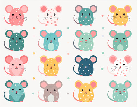 Sixteen cute cartoon mice in different colors and patterns arranged in a grid on a white background.の素材