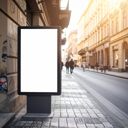 Blank digital advertising screen on a sidewalk with people walking in the distance.の素材
