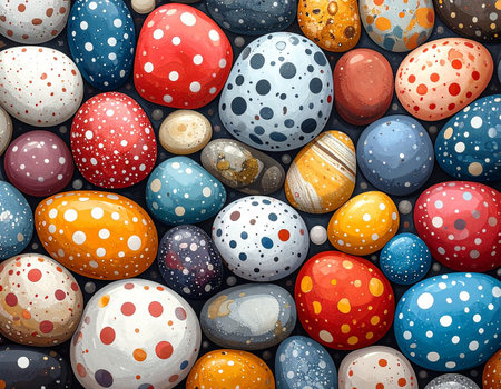 An assortment of textured Easter eggs with polka dot patterns in various colors and sizes, viewed from above.の素材