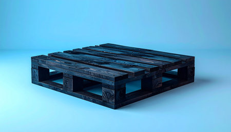 A dark wooden pallet is presented on a plain, light blue studio background. Clear details and vibrant colors e...の素材