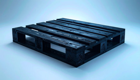 A dark wooden pallet with visible water droplets sits on a light blue background. Clear details and vibrant co...の素材