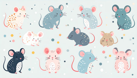 Eleven illustrated mice in various colors and patterns with scattered dots on a light background.の素材