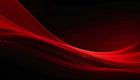 Abstract flowing red waves with sparkling glitter particles against a dark black background.の素材