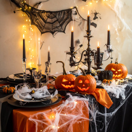 A Halloween table setting with carved pumpkins, cobwebs, candles, and festive decorations.の素材