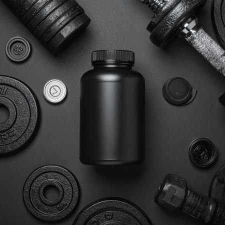 A black matte supplement bottle is surrounded by weightlifting equipment on a dark surface.の素材