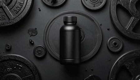 A dark matte supplement bottle rests on a large black weight plate, with other weightlifting equipment...の素材