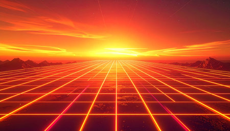 A vast orange neon grid stretches towards a fiery sunset over a mountain range. Clear details and vibrant colo...の素材