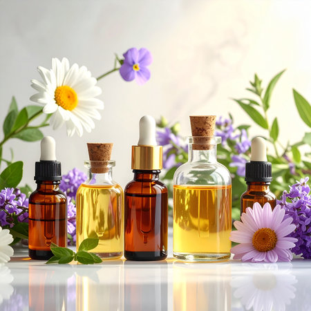 Glass bottles with essential oils and fresh flowers arranged on a reflective surface.の素材