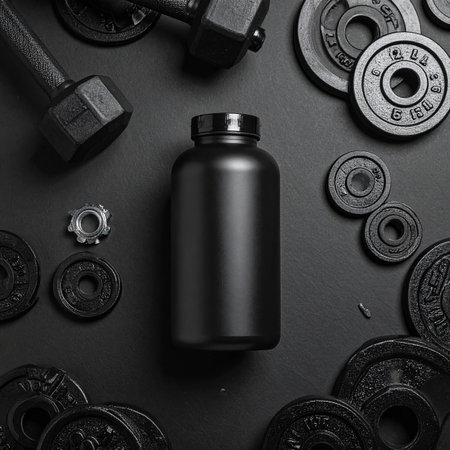 A black matte supplement bottle is placed on a dark surface, encircled by dumbbells and weight plates, with a...の素材