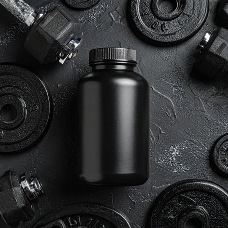 A black matte supplement bottle with a ribbed cap is surrounded by black weight plates and dumbbells on a...の素材