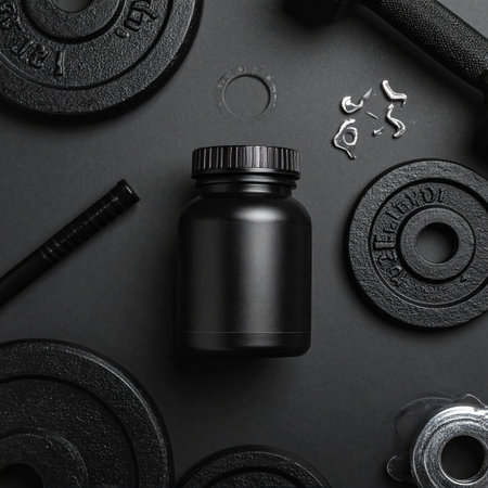 A black supplement jar is surrounded by weight plates and parts of a dumbbell on a dark surface.の素材