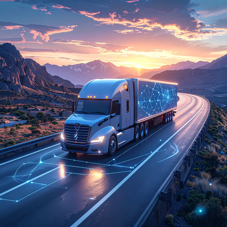 A sleek semi-truck with glowing blue network lines on its trailer and the road drives on a highway at sunset.の素材