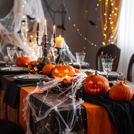 A Halloween table is decorated with carved pumpkins, candles, cobwebs, and string lights for a spooky...の素材