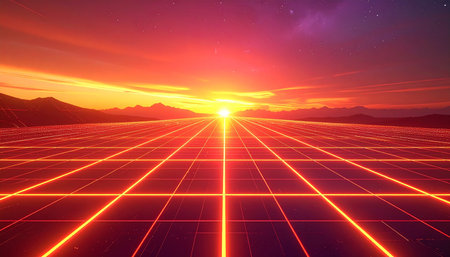 An orange neon grid extends across a landscape of mountains under a dramatic sunset sky.の素材