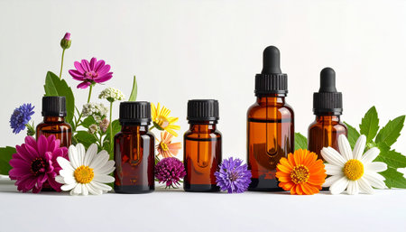 Amber dropper bottles are arranged with various colorful flowers and green leaves on a white surfaceの素材
