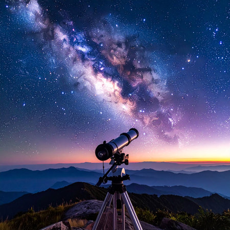 Telescope on a rocky mountain peak observes the colorful Milky Way galaxy during dusk.の素材