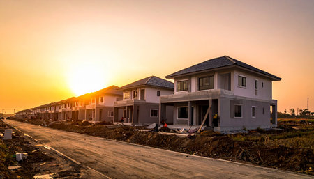 Row of modern houses under construction along a road during a sunset with an orange skyの素材