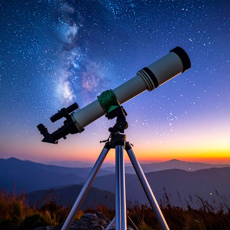 A telescope on a tripod is positioned under the Milky Way galaxy during sunset over mountains.の素材