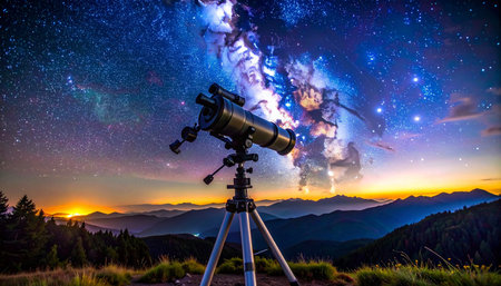 A telescope on a tripod is set against a vibrant Milky Way and colorful nebula over mountains.の素材