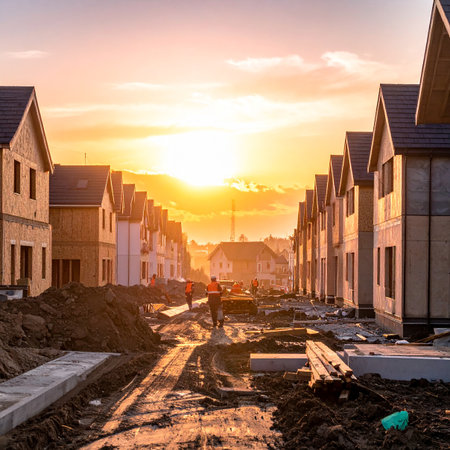 Construction site of new houses with workers walking on a dirt road during a vibrant sunsetの素材