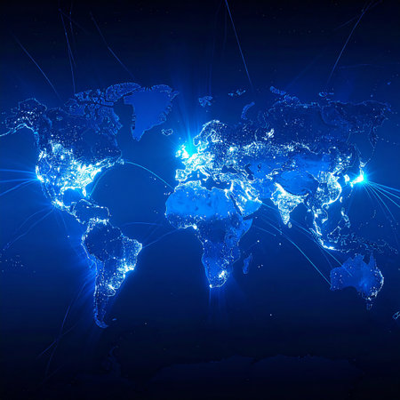A world map at night, highlighting city lights and blue lines symbolizing global network connections.の素材