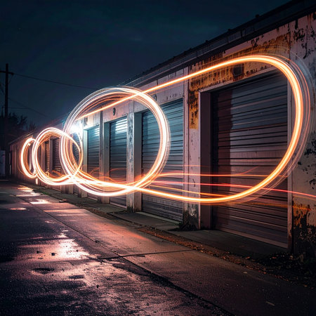 Orange light painting circles illuminate the front of industrial warehouse doors at night.の素材