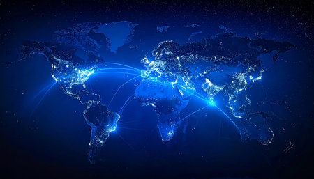 The Earth at night, with city lights and blue lines illustrating global network connections across continents.の素材