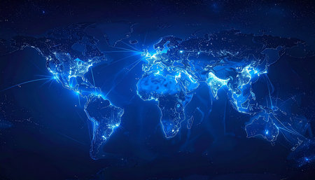A glowing blue world map illustrates a global network of interconnected lights representing cities.の素材