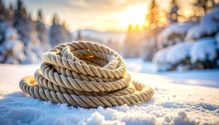 Coiled showing thick rope coiled in snow with golden sunset and trees keywords: rope, snow, winter, sunset,...の素材