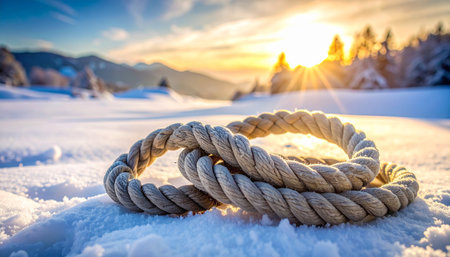 Two loops of thick rope are intertwined on snowy ground, with sunset mountains in the background.の素材