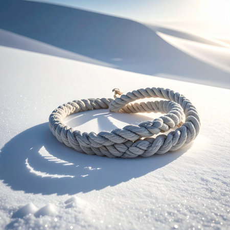A white rope is formed into a circle on a bright snowy dune landscape with a distinct shadow.の素材