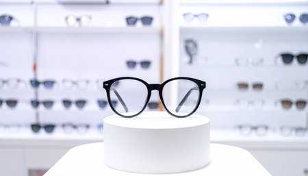 Black framed eyeglasses sit on a white display stand in an optical store with shelves of glasses.の素材