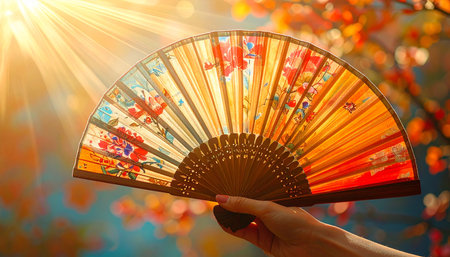 A hand holds a vibrant, open folding fan with floral patterns against a soft, sunlit bokeh background.の素材