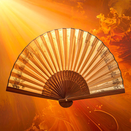An ornate golden folding fan with calligraphy is displayed against a dramatic, fiery abstract background.の素材