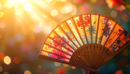 A hand holds a colorful floral folding fan in bright sunlight, with a soft bokeh effect in the background.の素材