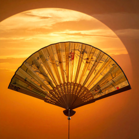 A golden fan with painted scenes is set against a dramatic sunset sky with a large circular moon.の素材
