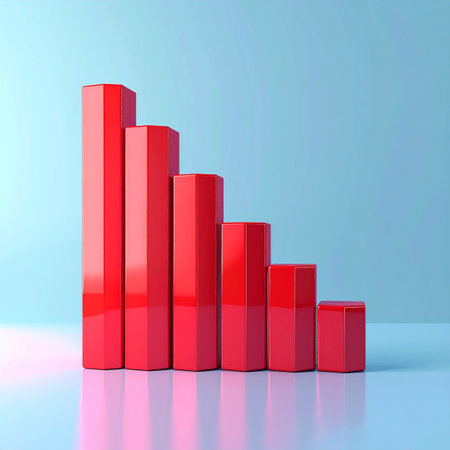 A red bar chart displays a consistent decrease against a light blue background. Clear details and vibrant colo...の素材