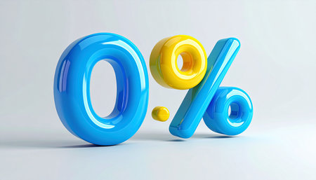 A 3D rendered zero percent symbol with glossy blue numbers and a yellow outline on a white background.の素材