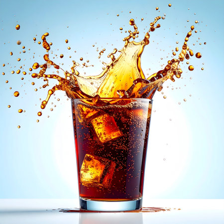A glass of cola with ice cubes and a dynamic splash of liquid against a bright blue background.の素材