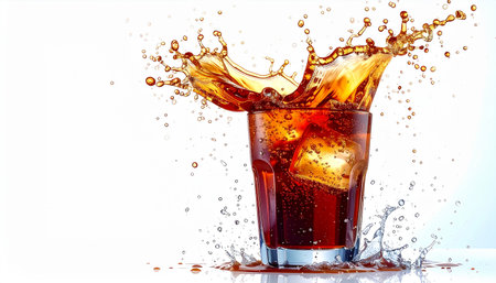 A dynamic splash of dark cola erupts from a glass filled with ice cubes against a white background.の素材