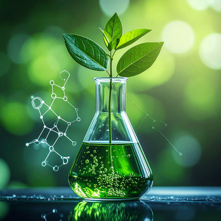A plant grows from a flask containing green liquid, surrounded by molecular diagrams and soft green bokeh.の素材