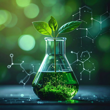 A plant grows in a flask with bubbles in green liquid, alongside molecular structures against a blurred green...の素材