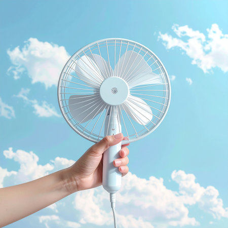 A hand holds a white portable electric fan against a bright blue sky filled with fluffy white clouds.の素材