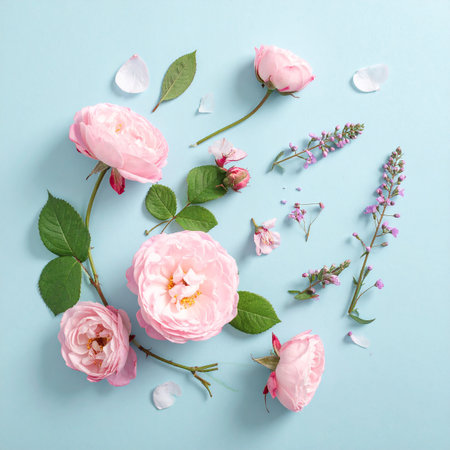 Pink roses and lavender sprigs are artfully scattered on a light blue background. Clear details and vibrant co...の素材