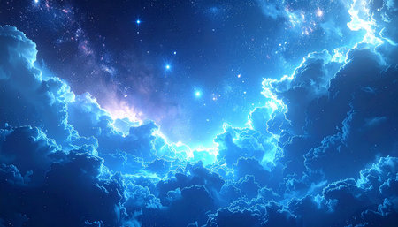 A deep blue sky filled with bright stars and illuminated, fluffy clouds. Clear details and vibrant colors enha...の素材