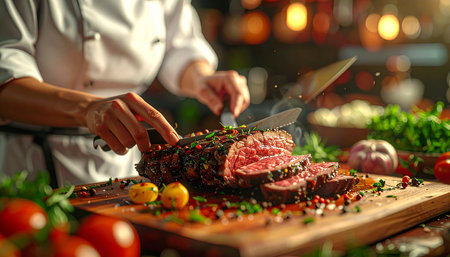 A chef expertly slices a perfectly roasted beef with fresh herbs and spices on a rustic wooden board.の素材