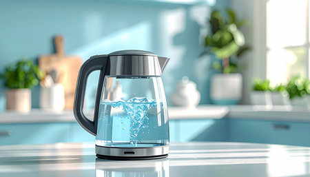 A glass electric kettle filled with boiling water sits on a bright kitchen countertop.の素材