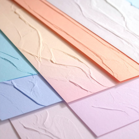 Textured pastel paper strips with embossed wavy lines, arranged diagonally and illuminated by soft light.の素材