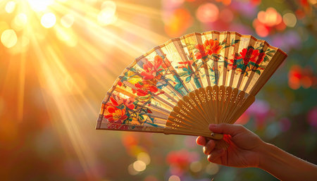 A hand holds a colorful floral fan illuminated by bright sunlight with a bokeh background.の素材